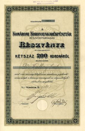 Komárňanská korunová banka - účastina, 1919